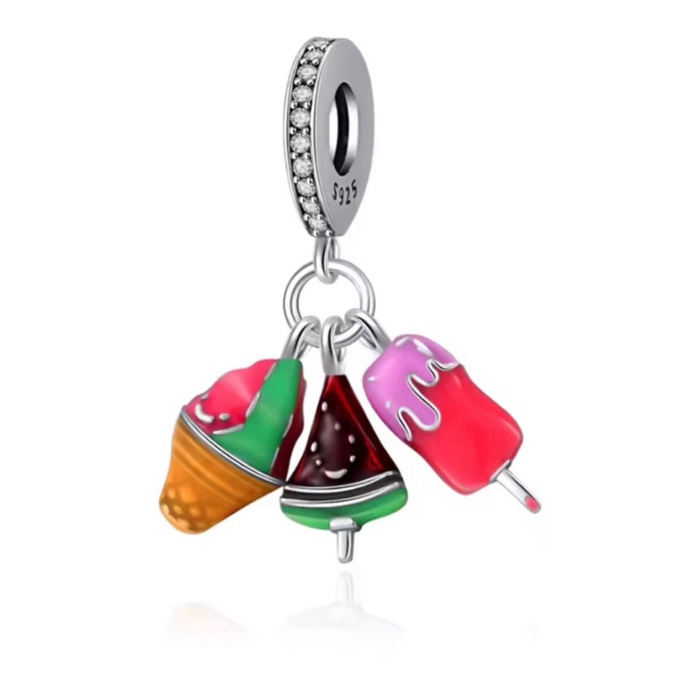 Sterling Silver Summer Treats Charm Pendant - Pink, Green, Red